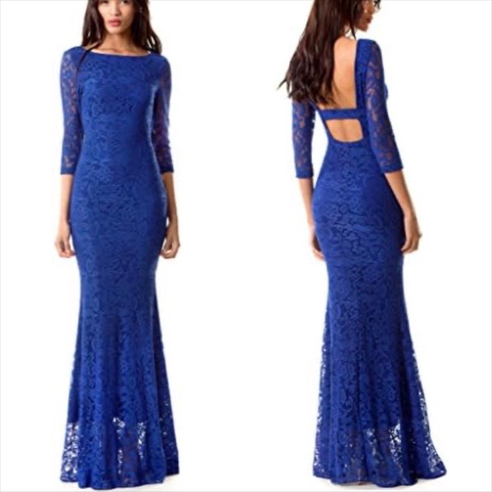 Miss Mint Royal Blue Lace Open Back Mermaid Maxi Dress Size 14 NEW